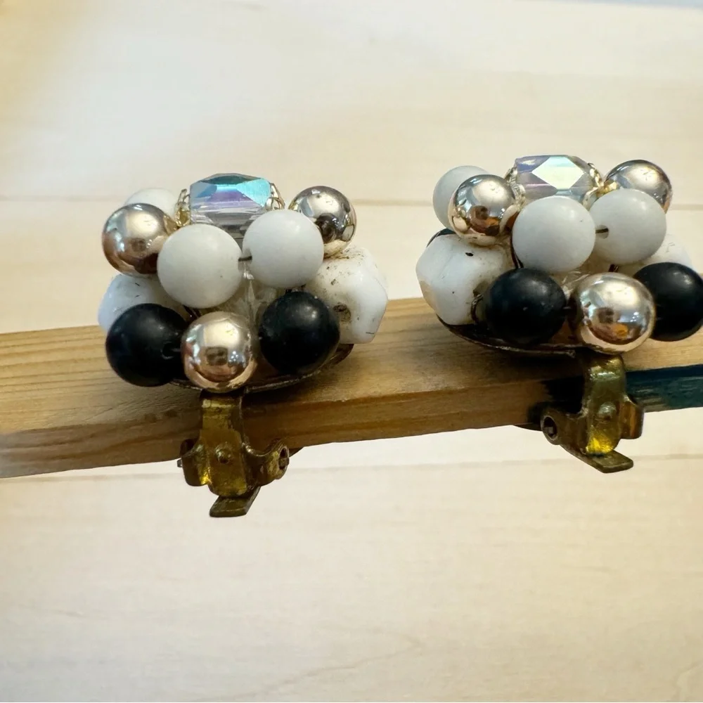 Vintage Milk Glass Crystal Black Gold Bead Clip On Earrings Marked Japan